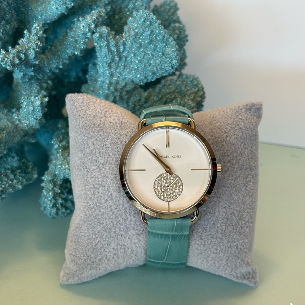 Michael Kors Portia Turquoise Silver Tone Embossed Buckle Strap 37mm Watch